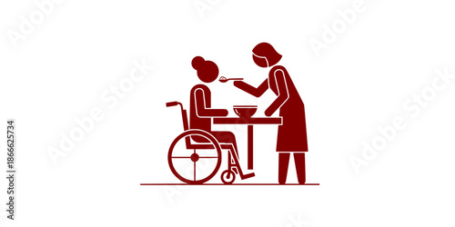 Vector illustration of a pictogram for nursing care, wheelchair, and meal assistance.