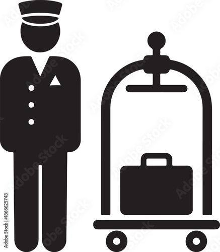 Black silhouette of a hotel bellhop with a hat and a luggage cart also transparent background