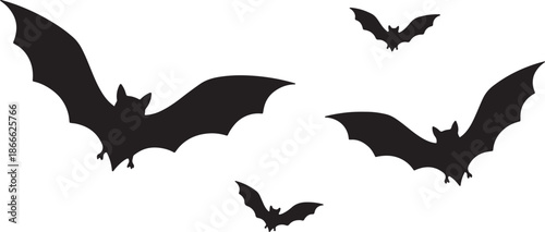 Four black bats flying in different directions against a white background also transparent background