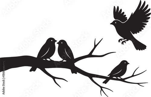 Canvas Print Four black birds on branches with one bird flying in the air also transparent ba