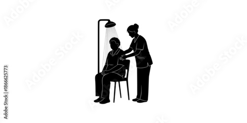 介護　入浴を手伝う介助人とシャワーを浴びる介護人
