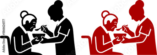 Vector illustration of a pictogram for nursing care, wheelchair, and meal assistance.