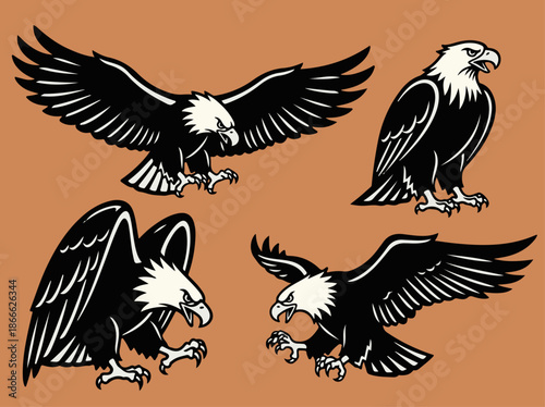 Four powerful bald eagle illustrations in various dynamic poses, showcasing their majestic and predatory nature.