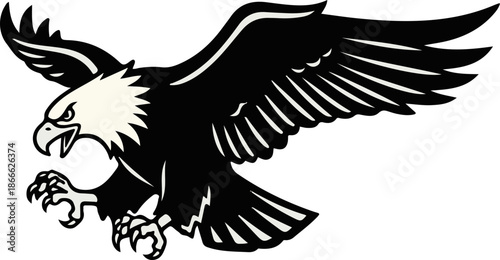 Stylized black and white eagle in flight with wings spread and talons extended, ready to strike.