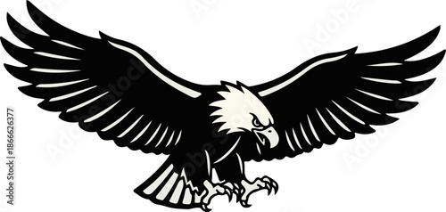 Stylized black and white bald eagle with wings spread wide, showcasing its powerful and majestic presence.