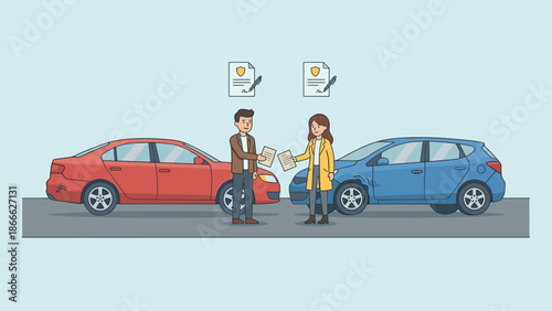 Drivers exchanging insurance papers after car accident. Man and woman handling claim near damaged vehicles. Auto collision concept. Fender bender crash. Road safety. Flat vector.