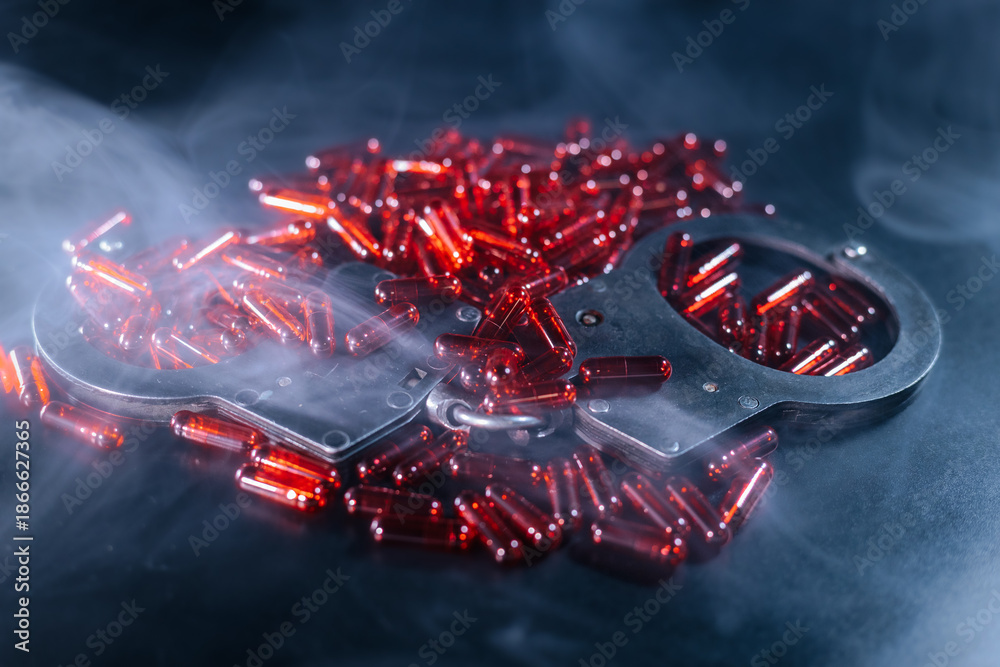 Fototapeta premium Handcuffs resting on a dark surface surrounded by scattered red capsules, with a smoky atmosphere creating a dramatic and intense visual narrative