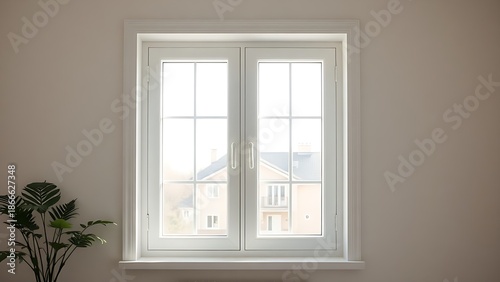hinge. A closed window frame in a residential interior with soft daylight filtering through. real-estate listings, architecture portfolios, designed for interior renovation comparisons for interiors.