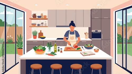 Modern kitchen interior with woman cooking healthy food. Female character cutting fresh vegetables on island. Home cooking culinary concept. Housewife preparing meal. Flat vector illustration design.