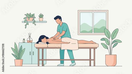 Spa massage therapy. Physiotherapist treating woman back pain. Physical therapy relaxation concept. Healthcare body treatment. Wellness clinic procedure. Flat vector illustration.