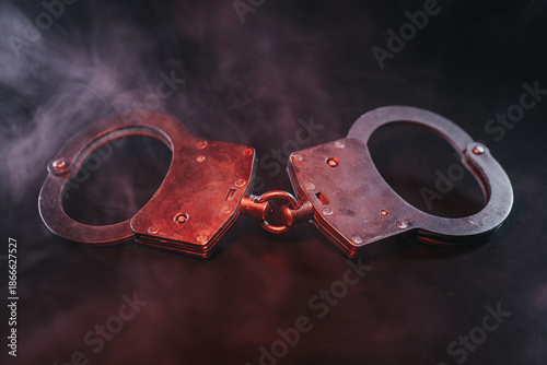 Fotografía Metallic handcuffs resting on a dark surface, surrounded by swirling smoke, crea
