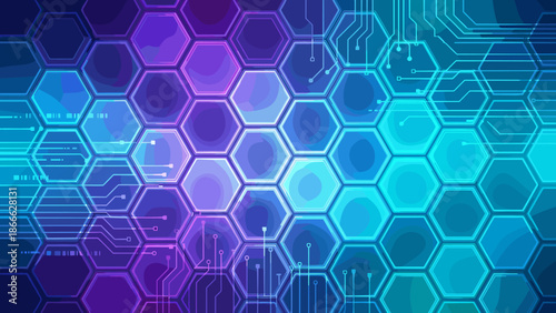 Abstract hexagonal pattern background. Honeycomb structure. Science and technology theme. Geometric digital futuristic concept. Circuit connection network. Glowing cyber design.