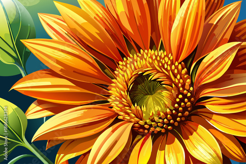 Close up of pretty sunflower in vibrant orange and yellow petals natural light floral beauty summer nature macro detail ultra realistic stock photography.