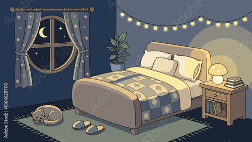 Cozy bedroom interior at night vector flat illustration. Room for sleep and rest. Evening apartment background with bed window moon stars lamp sleeping cat. Relaxing home concept.