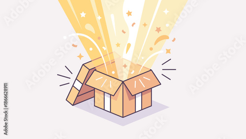 Stylized open cardboard box with magic light beams. Unboxing surprise concept. Gift package reveal. Flat vector illustration. Mystery present. Golden glow stars. Shipping delivery.