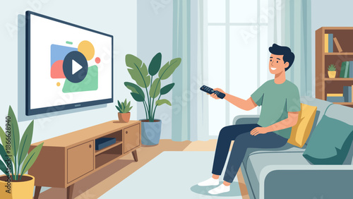 Man watching TV holding remote. Home entertainment concept. Relaxing on sofa. Smart screen technology. Leisure time living room. Flat vector illustration. Domestic lifestyle.