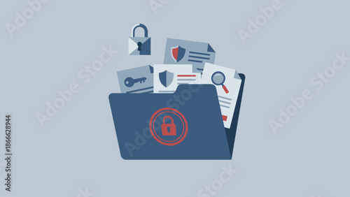 Confidential business folder, secret documents and stamp. Data privacy and information security concept. Corporate protection of sensitive files. Flat vector illustration design.