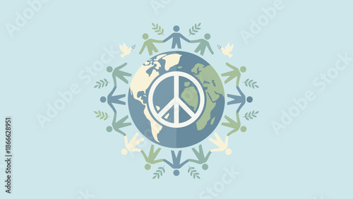 Stylized globe with peace sign. World peace concept. Flat vector illustration. Universal unity and harmony. Global community planet earth. Anti-war pacifism. Freedom symbol art.