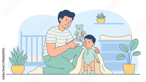 Happy father feeding baby with milk bottle. Dad caring for infant in nursery. Parenting concept. Family love. Flat vector illustration. Male parent holding child. Happy childhood moment.
