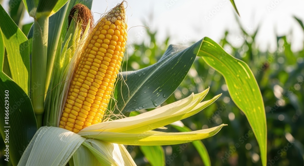 Fototapeta premium Fresh Ripe Corn on the Cob Growing in a Sunny Summer Agricultural Field