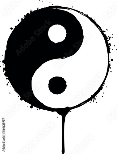 yin yang spiritual and religious symbol vector with dripping black ink effect and splatters, design without white fill on transparent background