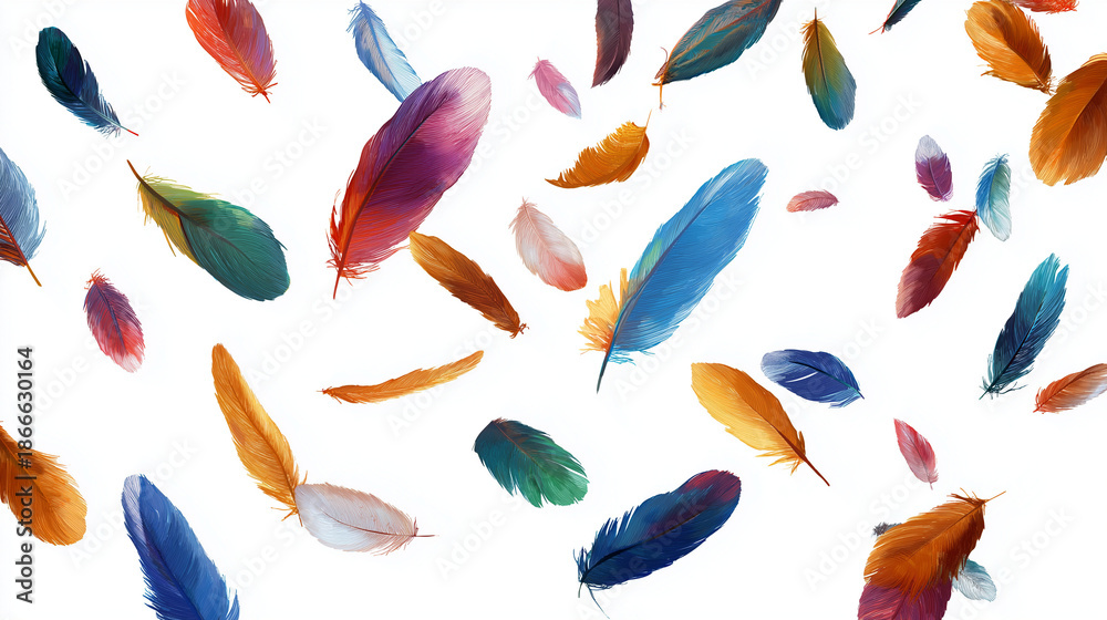 Fototapeta premium Colorful Floating Feathers Pattern Isolated on White Background with Soft Motion, Artistic Style, and Creative Freedom Concept