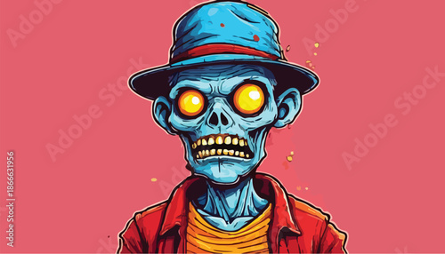 Cartoon Zombie Character with Hat and Glowing Eyes Illustration.