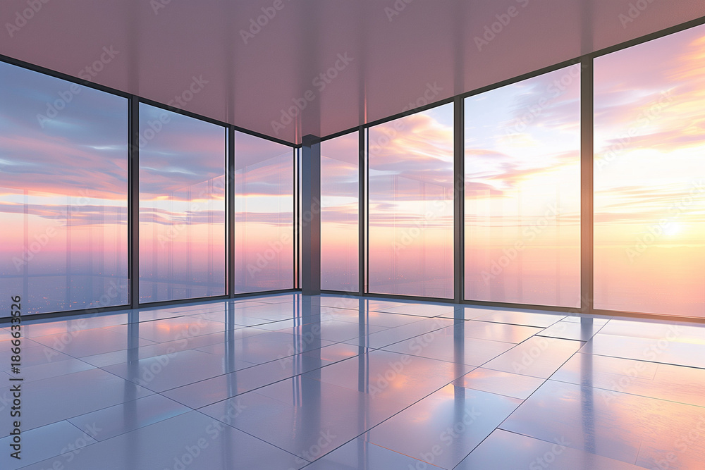 Fototapeta premium Modern glass office interior with panoramic windows and sky view, minimal corporate background