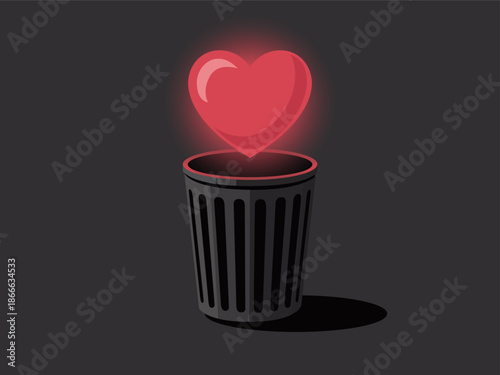 Heart in the trash can. Symbol of lost love, heartbreak, rejection, emotional pain or ending relationships in modern flat style. Anti-Valentine ironic, sarcastic sticker, icon. Dark humor love theme