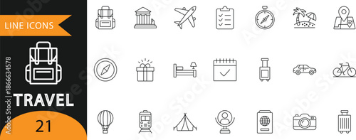 A clean vector set of 21 travel line icons featuring destinations, transportation, luggage, navigation, accommodation, and vacation symbols. Ideal for travel planning presentations, tourism infographi