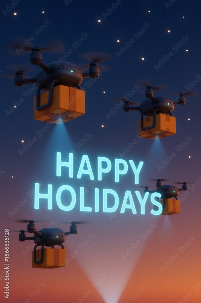 Naklejka premium Drones flying through the night sky, carrying glowing gift packages and illuminating a neon Happy Holidays message