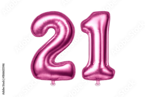 Pink twenty-one balloon on a transparent background for celebrations.