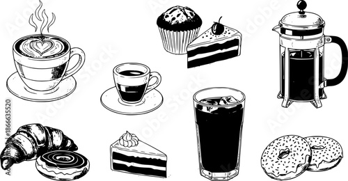 Hand drawn sketch style coffee shop set illustration of various coffees and bakery items collection
