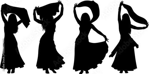 Black belly dancer silhouettes in various poses white background
