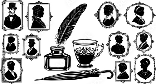 Victorian silhouettes and decorative frames inkwell feather cup umbrella
