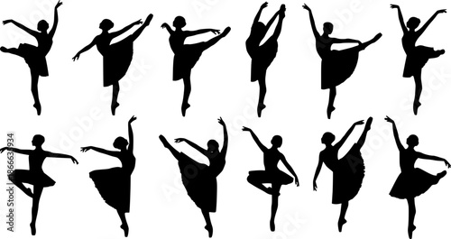 Black ballet dancer silhouettes in various poses white background
