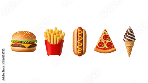 A horizontal arrangement of five common fast food and dessert items rendered as realistic, three-dimensional digital icons, set against a transparent background.