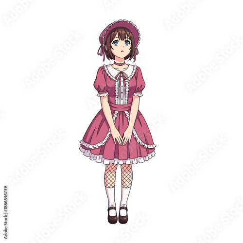 Young Girl in Pink Dress Standing.