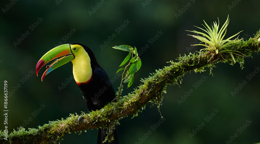 Fototapeta premium Keel-billed toucan perched on mossy branch in Costa Rica rainforest