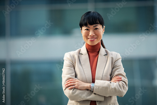 Adult woman smiling confidently outside office building