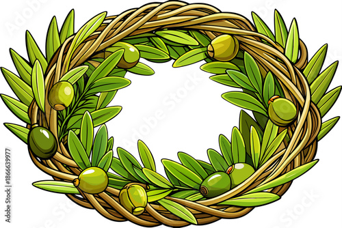 Rustic wreath made of twisted vine olive branch green olives and bay leaves farmhouse decor Mediterranean style natural textures home styling stock photography
