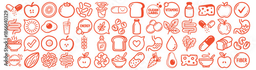 Hand drawn line icon set of digestive health and clean label food icons arranged in grid with orange stroke minimal flat