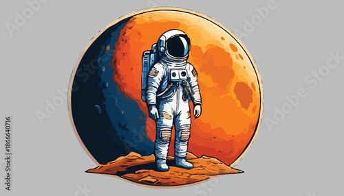 Astronaut Standing on a Planet with a Large Moon in the Background.