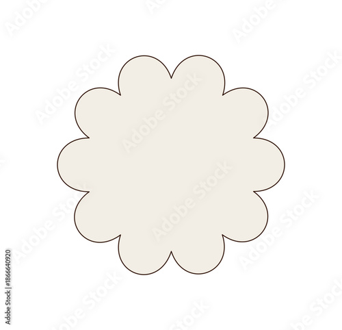 Groovy y2k flower shape badge in a beige color and vintage symbol form. retro element presents cool shape as a graphic with soft badge vibe. Contemporary detail for trendy patch or label.