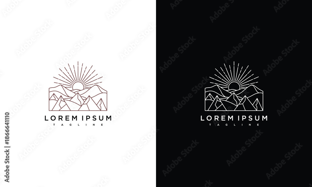 Fototapeta premium Mountain landscape illustration featuring sunrise and minimalist design elements