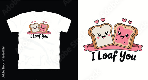 Two cartoon bread slices, one with jam and one plain, with hearts and a ribbon saying “i loaf you” vector t-shirt design