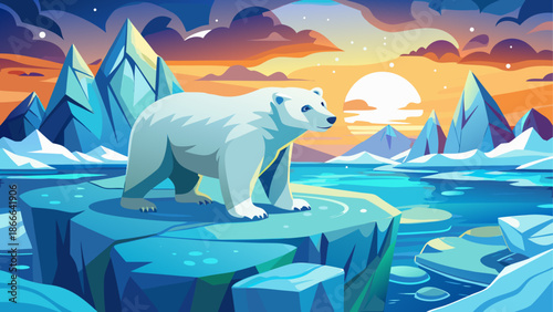 Polar bear walking on ice floes in Arctic sea