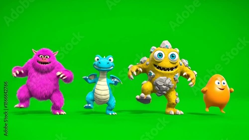 Animated monsters dancing and playing on a green screen