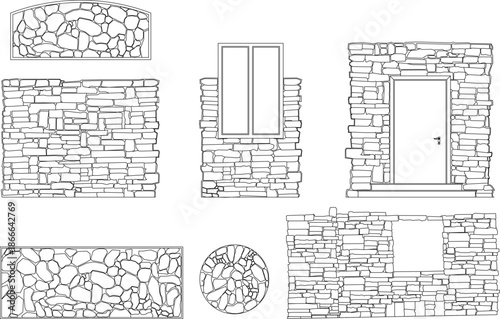 Technical vector of various stone masonry textures, featuring dry stone walls, rubble masonry, and stone-framed openings.