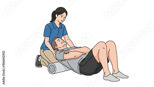 Patient doing foam roller back exercise assisted by a Physiotherapist